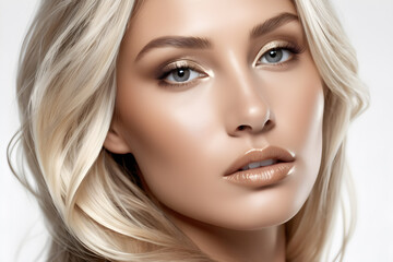 Naklejka premium blonde with blue eyes, nude makeup and clear skin