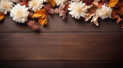 Dark texture of wooden boards with autumn leafes and flowers, background of natural wood surface