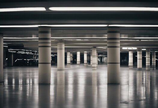 Empty shopping mall underground car park with columns painted in concrete stripe