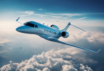 Private jet flying over the earth Empty blue sky with white clouds at background Business Travel Con