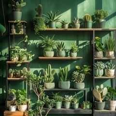 A vibrant display of various green cactus plants adorns a shelf against a lush green wall, creating a harmonious and lively succulent arrangement in a natural setting