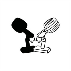 Stamp illustration and silhouette line art of microphone with stand pole for icon or logo