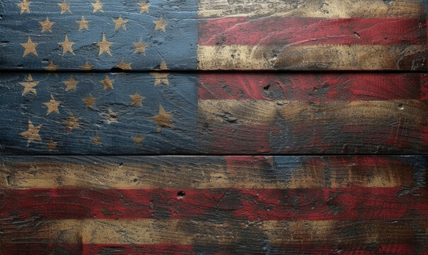 USA, American flag painted on old wood plank background.