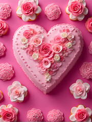 heartshaped cream pink cake with roses