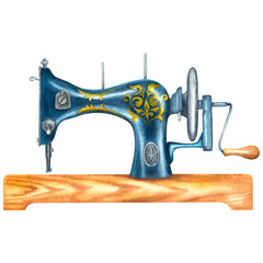 Watercolor vintage sewing machine on a wooden stand. Hand drawn illustration of antique blue metal sewing machine on isolated background. For sewing studio, clothes tailors logo, retro fashion.