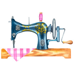 Watercolor vintage sewing machine on a wooden stand with a piece of fabric and pink threads. Hand drawn illustration of a vintage blue metal sewing machine on an isolated background. For sewing logo.