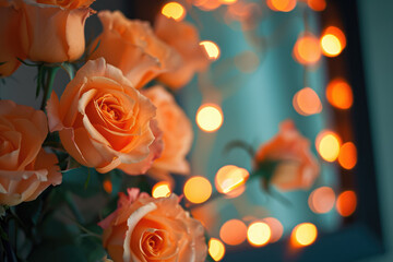 close-up of a rose-covered picture frame with twinkling lights in the background