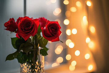 close-up of a vase of roses on a nightstand with twinkling lights in the background