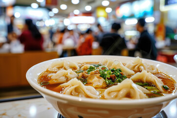 close-up shot of a bowl of wonton soup, with thin wrappers and a savory pork filling