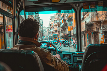 close-up shot of a bus driver navigating through a crowded street, with passengers boarding and disembarking