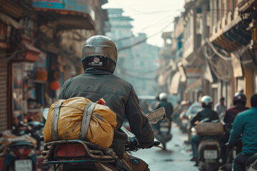 Obraz premium close-up shot of a food delivery driver navigating through a crowded street, with a bag of food in their hand