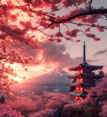 Fujiyoshida, Japan Beautiful view of mountain Fuji and Chureito pagoda at sunset, japan in the spring with cherry blossoms