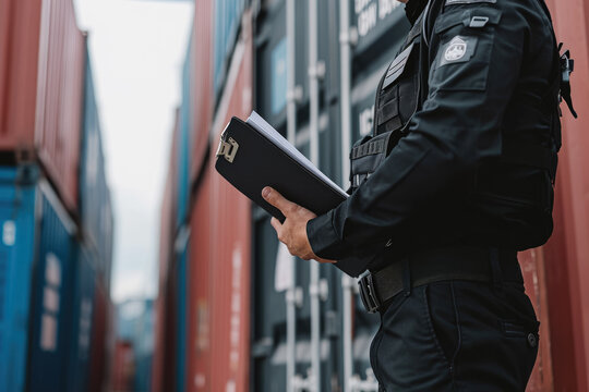 customs officer with a black color and a badge shape and a container overlay on the clipboard