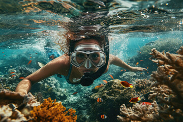 model diving in a ocean with a coral reef and a fish