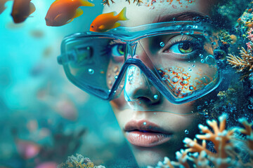 model diving in a ocean with a coral reef and a fish in the background and a mask and a snorkel on their face - obrazy, fototapety, plakaty