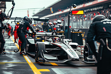 professional pit crew checking the engine of a race car during a pitstop