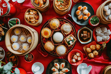 Fototapeta premium top-down shot of a table full of dim sum dishes, including har gow, siu mai, char siu bao, and egg tarts