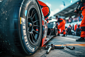 close-up of a professional pit crew adjusting the suspension of a race car during a pitstop. The crew members are using wrenches, and there are other cars and spectators in the background - obrazy, fototapety, plakaty