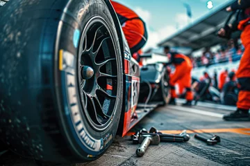 Foto auf Acrylglas close-up of a professional pit crew adjusting the suspension of a race car during a pitstop. The crew members are using wrenches, and there are other cars and spectators in the background © Formoney