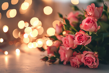 close-up of a rose-covered picture frame with twinkling lights in the background