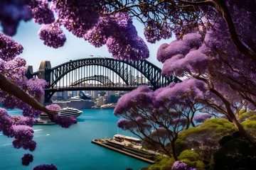 Photo sur Plexiglas Sydney Harbour Bridge Behind the lens, capturing the iconic Sydney Harbour Bridge with jacaranda trees in full bloom.