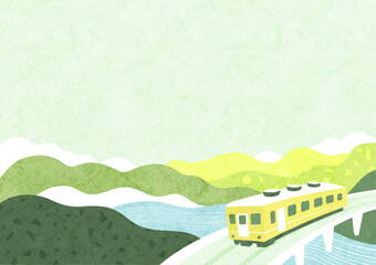 新緑の山々と電車の自然の風景 和風でシンプルな背景イラスト