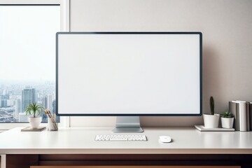 A Mockup of a blank computer screen sitting on a table, with office stationaries beside it, in a modern corporate office.