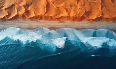 Place where Namib desert and the Atlantic ocean meets, Skeleton coast, South Africa, Namibia, aerial shot. - obrazy, fototapety, plakaty