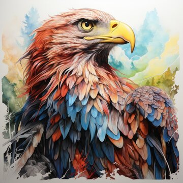 Portrait of an eagle illustration color painting. Beautiful eagle drawing, wild bird, eagle concept art, hawk bird, vulture. Bird of prey design art print for clothes or goods.