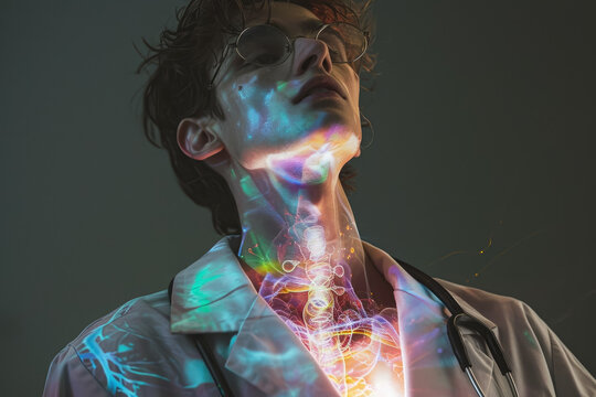 model wearing a lab coat and a chemical overlay on their chest - Powered by Adobe