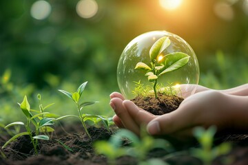 Hands nurturing a seedling in soil, encapsulated within a transparent light bulb, symbolizing sustainable energy and environmental care.