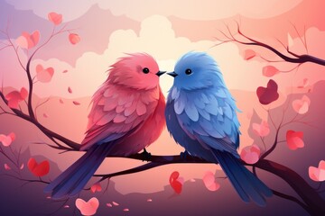 Pink and blue cartoon birds in love on a branch