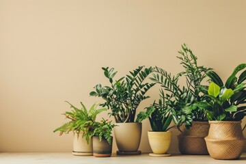 A Beautiful Collection of Green Indoor Plants in Decorative Pots on beige background, Creating a Tranquil and Refreshing Atmosphere for Home and Office Spaces