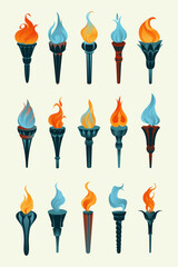 Flaming torch icons collection flat vector style.