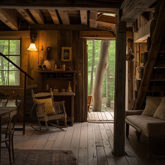 Cozy Rustic Woodland Cabin Interior with Forest View