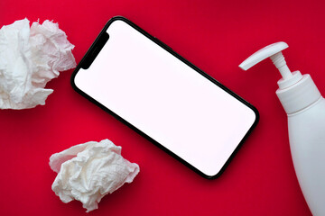 Mockup for adult content website or app on smartphone display with porn watching attributes for masturbation. Copy space