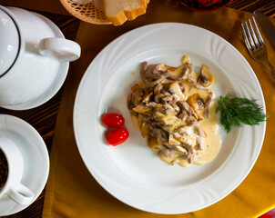 Swiss beef stroganoff with gravy, closeup