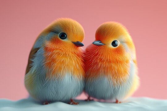 Two Adorable Birds With Orange Plumage Sitting Together Against A Pinkish Backdrop.