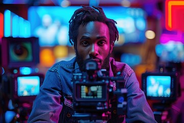 Fototapeta premium Man operating a professional video camera in a studio with neon lighting.