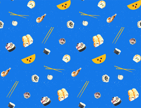 Seamless pattern for sushi bar with grunge texture in retro collage style. Vector background of sushi, rolls, with halftone color effect.