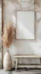 Blank photo frame and poster mockup on concrete wall in bohemian room interior, aesthetic style