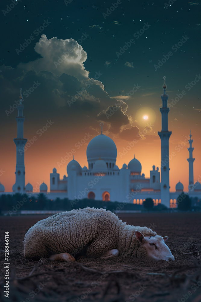 Wall mural sheep with mosque background