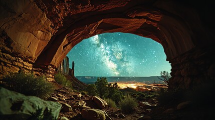 Starry Night View Through the Desert Arch - obrazy, fototapety, plakaty