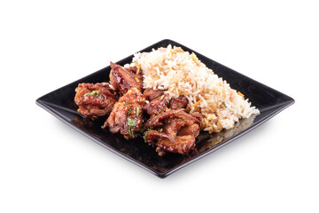 chinese oriental food dish with rice and teriaky fried chicken isolated on white background
