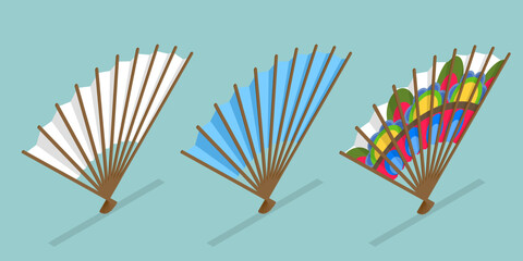 3D Isometric Flat Vector Set of Decorative Fans, Asian Traditional Folding Hand Fan