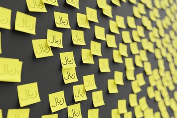 Many yellow stickers on black board background with symbol of Iran rial drawn on them. Closeup view with narrow depth of field and selective focus. 3d render, illustration