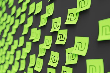 Many green stickers on black board background with symbol of Israel shekel drawn on them. Closeup view with narrow depth of field and selective focus. 3d render, illustration - obrazy, fototapety, plakaty