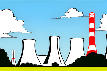 Nuclear power station plant with smoke towers for fission power electric energy production generation for urban industrial concept backdrop pop cartoon style - obrazy, fototapety, plakaty