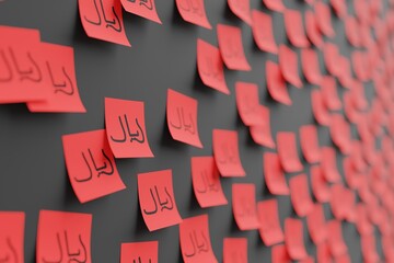 Many red stickers on black board background with symbol of Qatar riyal drawn on them. Closeup view with narrow depth of field and selective focus. 3d render, illustration