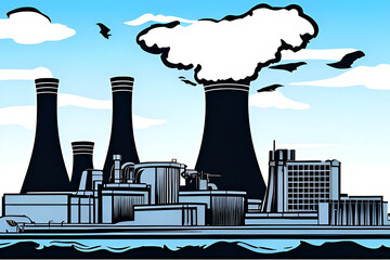 Nuclear power plant in the large city pouring out smoke steam for fission power electric energy production generation for urban industrial concept background pop cartoon style